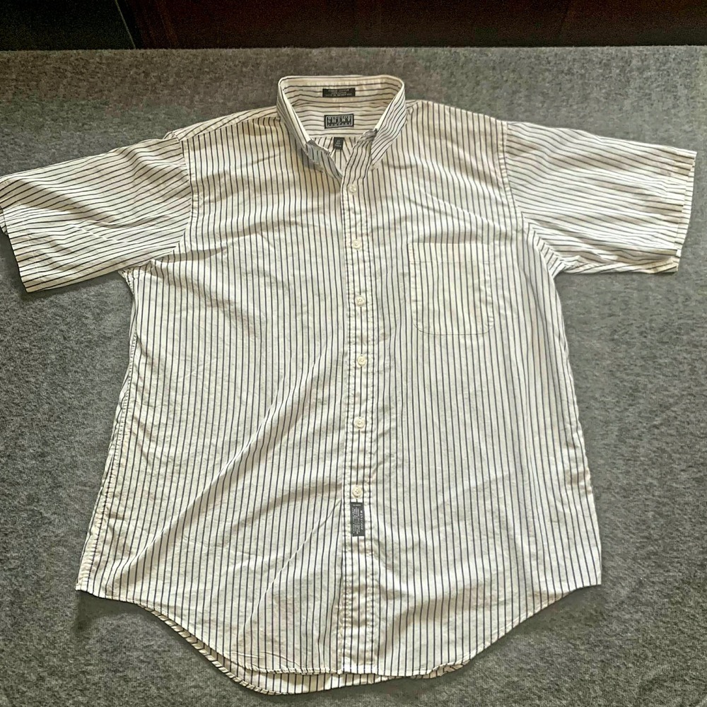 Windsor Shirt Company Short Sleeve Button Down Shirt Mens 17 White Blue Stripes